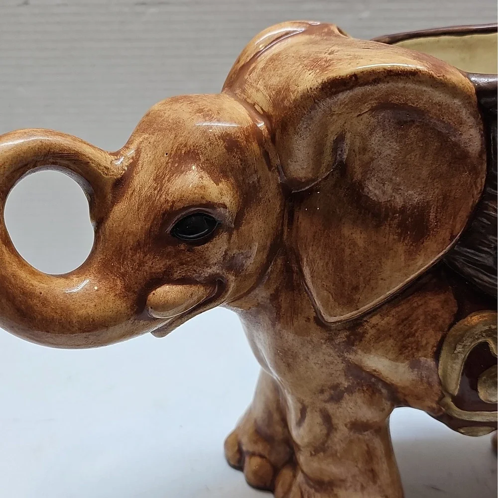 Vintage 1970s Glazed Ceramic Elephant Planter
